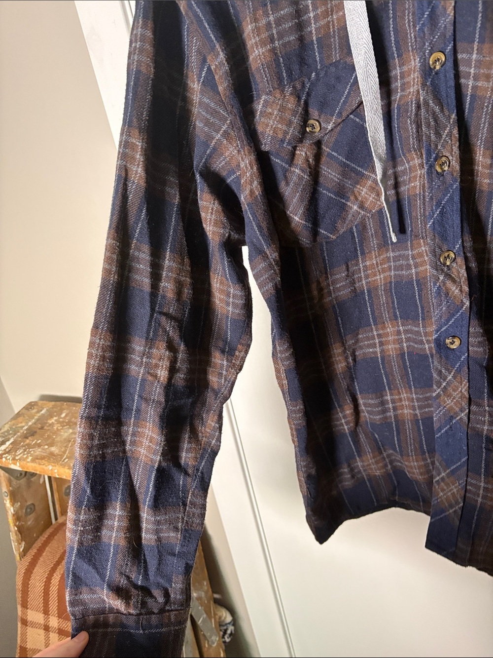 Men's Navy and Brown Plaid Hooded Flannel - Picture 3 of 5